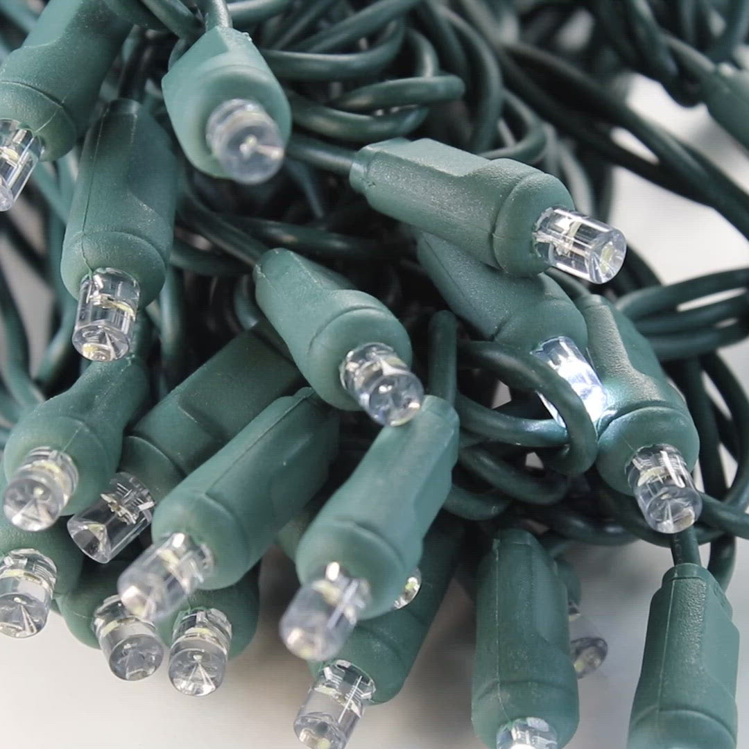 50-light  5mm Pure White Strobe LED Christmas Lights, 4" Spacing Green Wire
