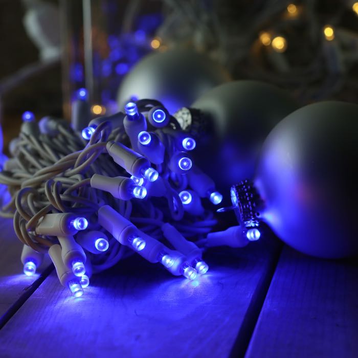 50-light 5mm Blue LED Christmas Lights, 4" Spacing, White Wire