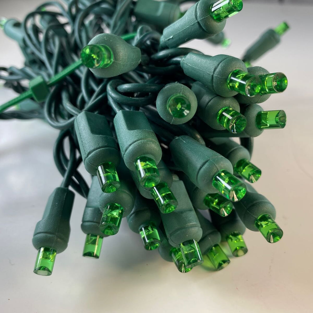 50-light 5mm Green LED Christmas Lights, 4" Spacing, Green Wire