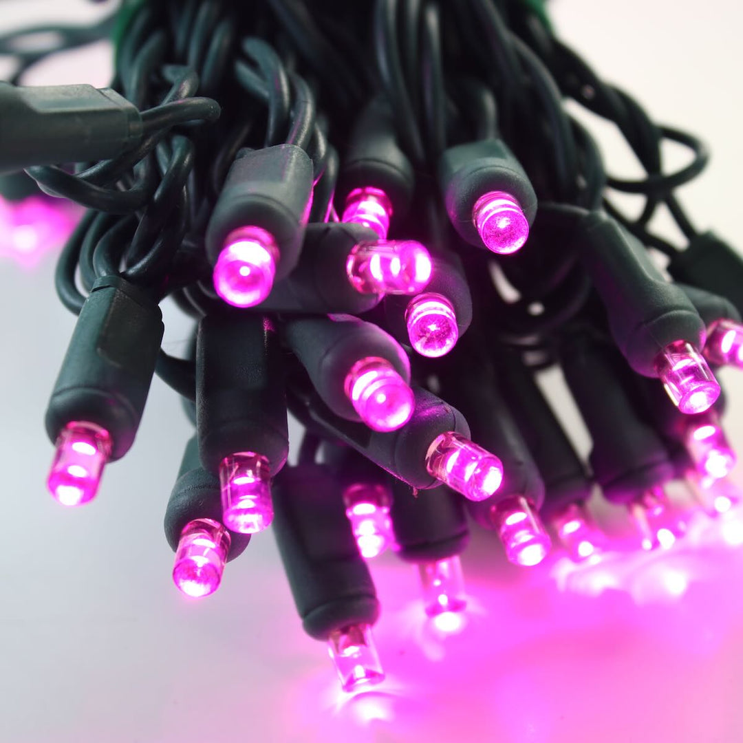 50-light 5mm Pink LED Christmas Lights, 4" Spacing Green Wire