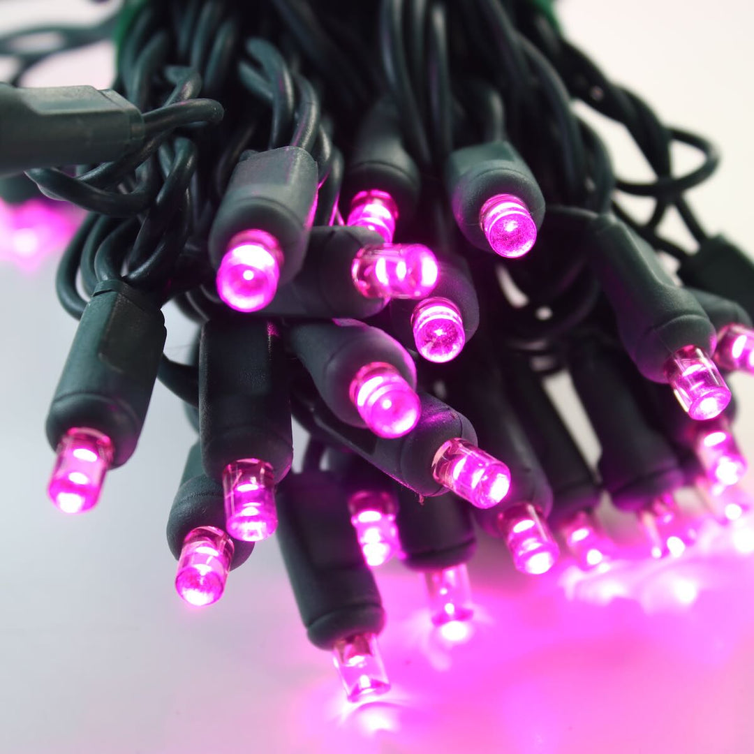 50-light 5mm Pink LED Christmas Lights, 6" Spacing Green Wire