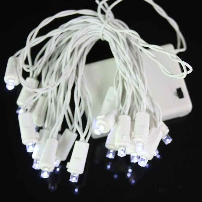 20-light 5mm Pure White LED Battery Lights, White Wire