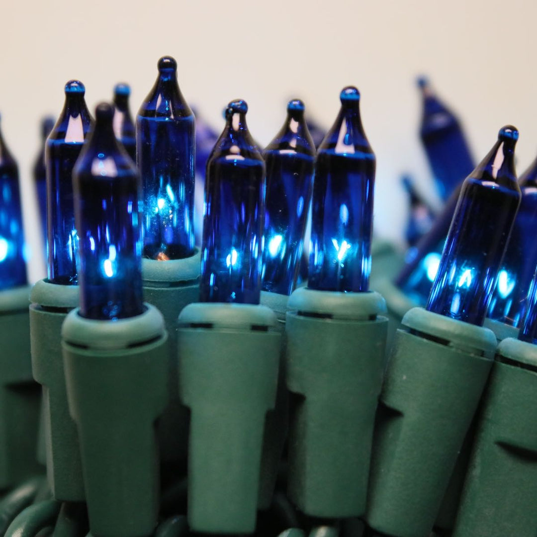 50-bulb Blue Mini Lights, 2.5" Spacing, Green Wire