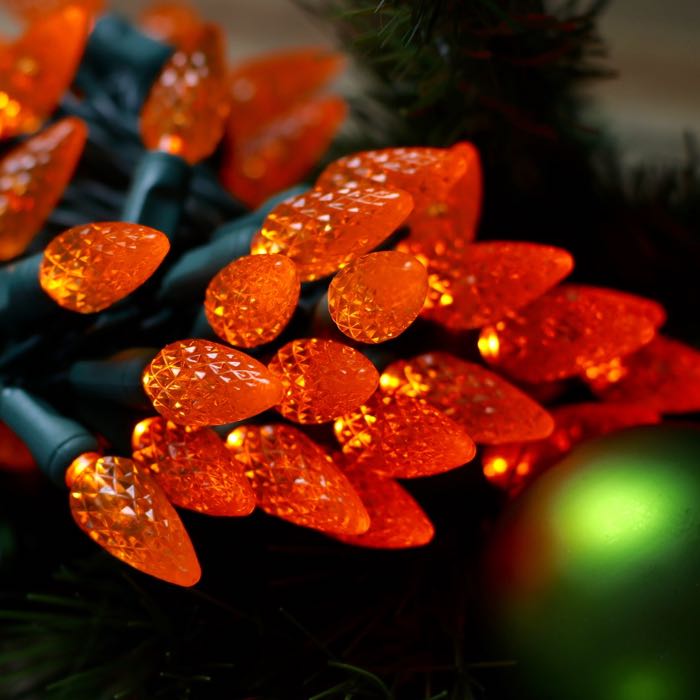 50-light C6 Orange LED Christmas Lights, 4" Spacing Green Wire