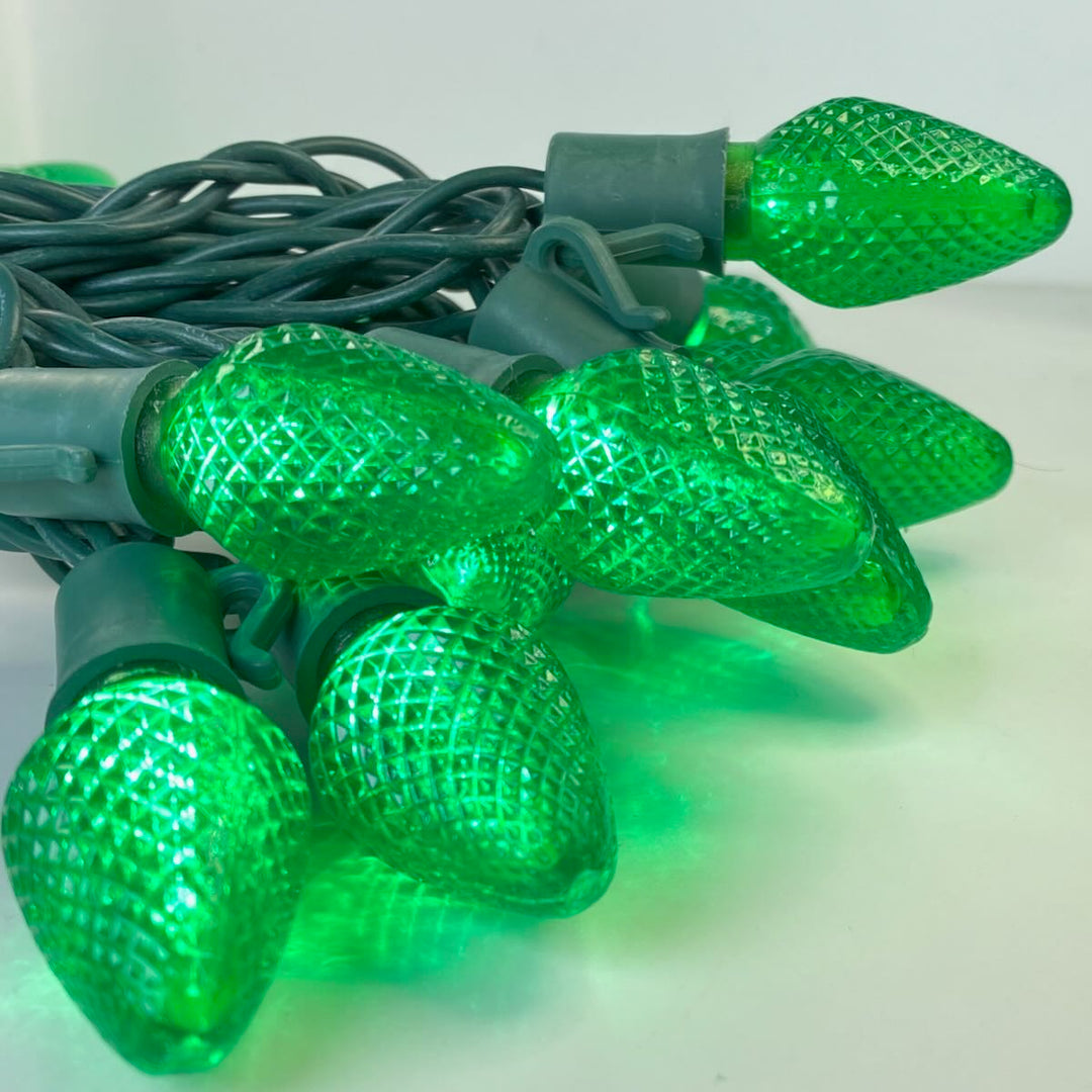 25-light C7 Green LED Christmas Lights (Non-removable bulbs), 8" Spacing Green Wire