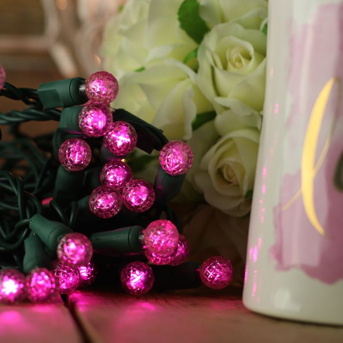 50-light G12 Pink LED Christmas Lights, 4" Spacing Green Wire