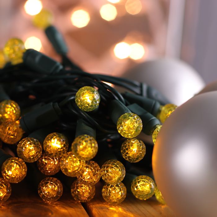 50-light G12 Yellow LED Christmas Lights, 4" Spacing Green Wire