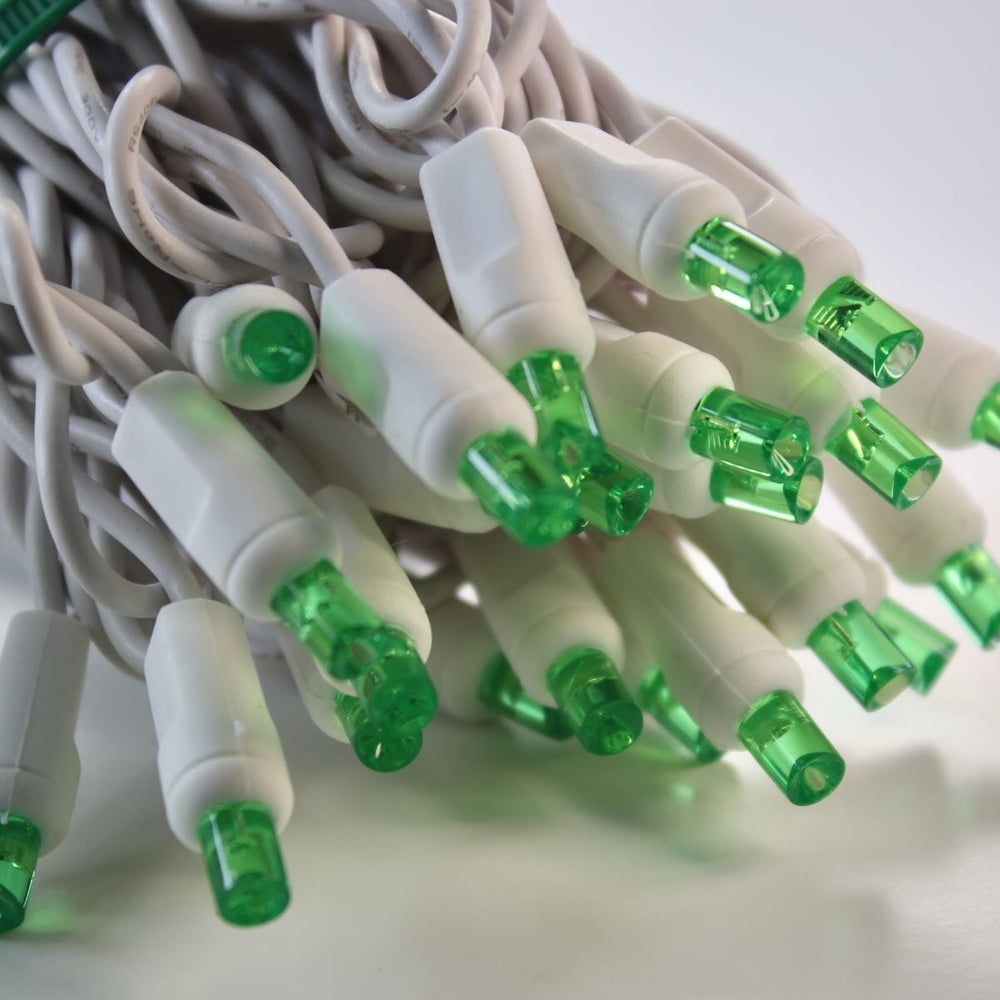 50-light 5mm Green LED Christmas Lights, 4" Spacing White Wire