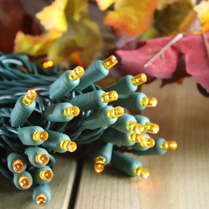 50-light 5mm Orange LED Christmas Lights, 6" Spacing Green Wire