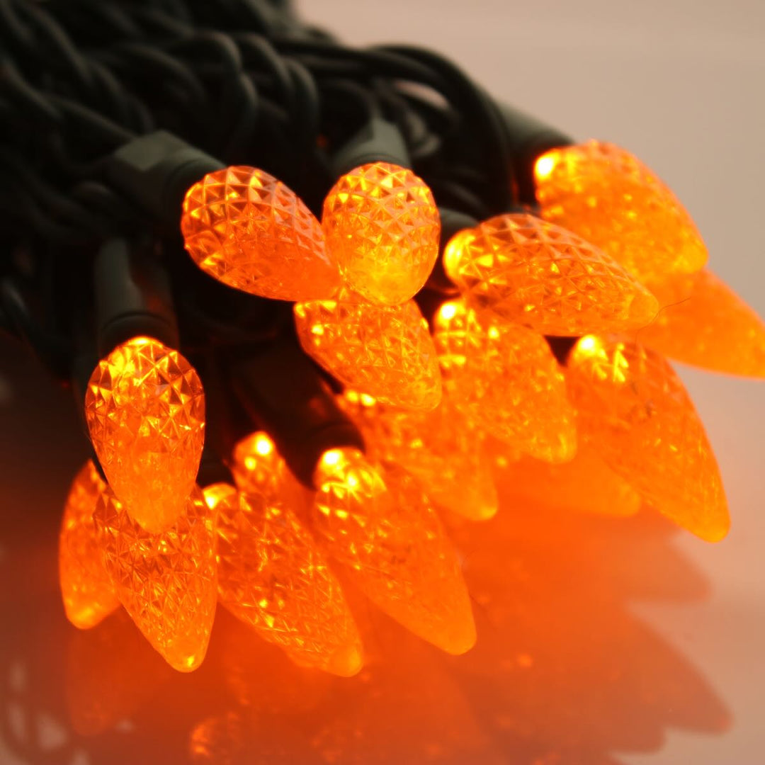 50-light C6 Orange LED Christmas Lights, 4" Spacing Green Wire