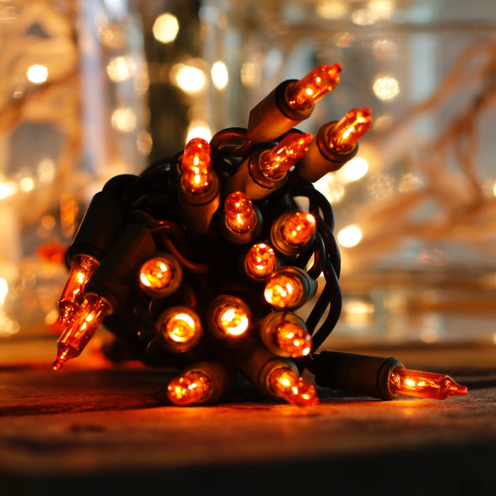 15-bulb Orange (Amber) Craft Lights, Green Wire