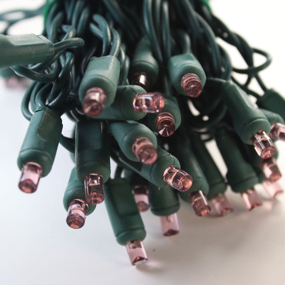 50-light 5mm Pink LED Christmas Lights, 6" Spacing Green Wire