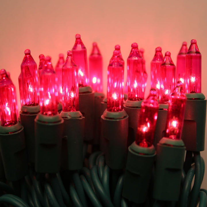 50-bulb Pink Mini Lights, 2.5" Spacing, Green Wire