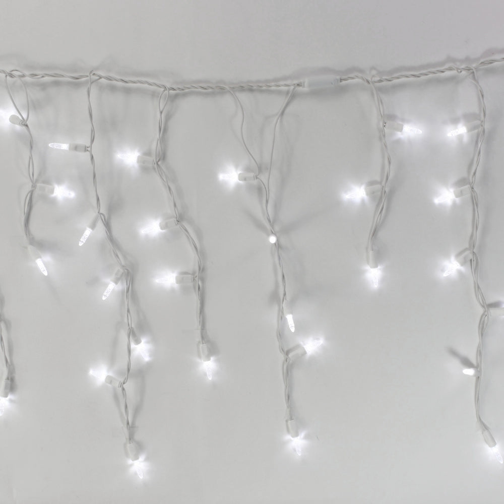 100-light M5 Pure White LED Icicle Lights, White Wire