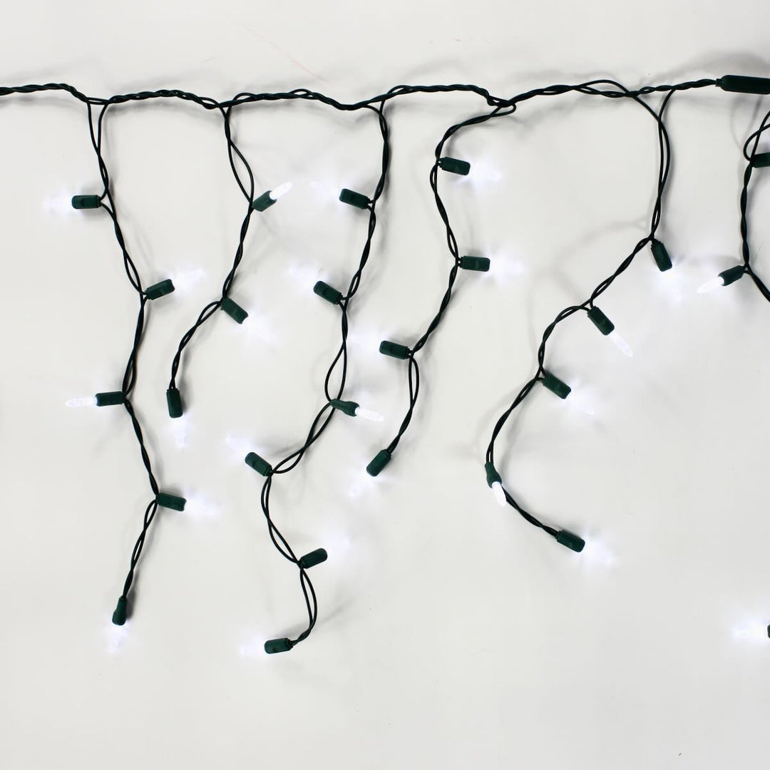 100-light M5 Pure White Twinkle LED Icicle Lights, Green Wire