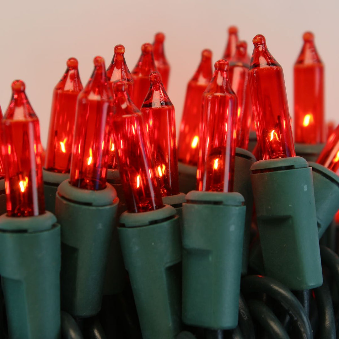 50-bulb Red Mini Lights, 4" Spacing, Green Wire
