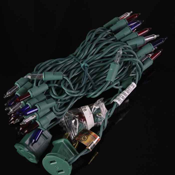 50-bulb Red White Blue Mini Lights, 4" Spacing, Green Wire