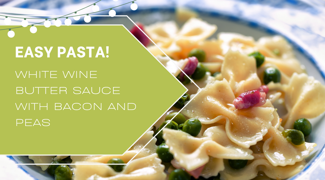 Pasta with Brown Butter Wine Sauce, Bacon, and Peas