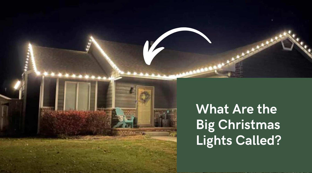House outlined in large Christmas light bulbs