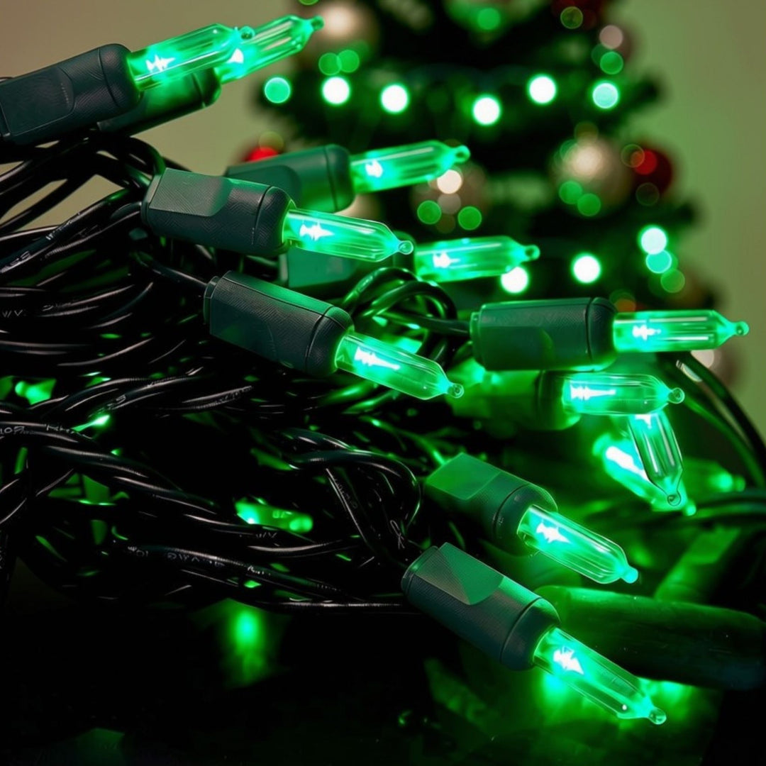 50-light  T5 Green LED Christmas Lights, 6" Spacing Green Wire