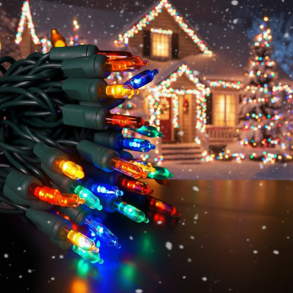 Multicolor Christmas string lights with green sockets and clear bulbs, shown with several lit bulbs in the foreground and a blurred tree of lights in the background against a black backdrop.