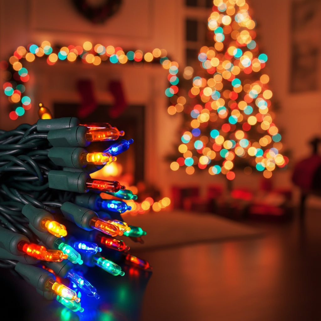50-light  T5 Multicolor LED Christmas Lights, 4" Spacing Green Wire