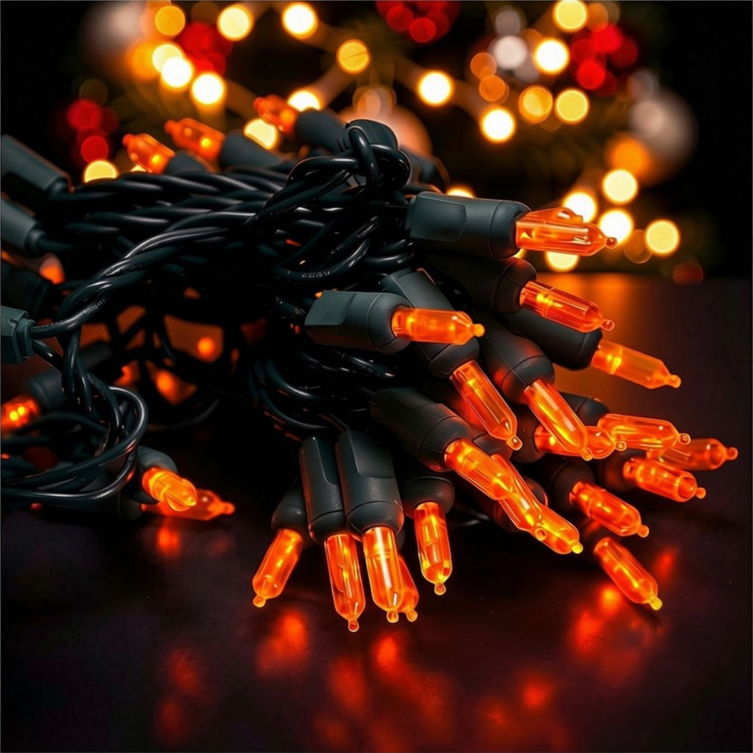 50-light  T5 Orange LED Christmas Lights, 4" Spacing Green Wire