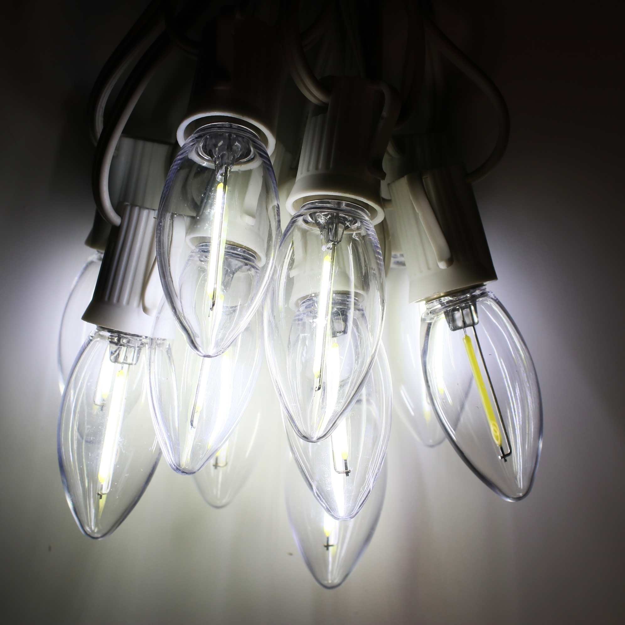 Pure (Cool) White C9 LED Bulbs with Filaments – Christmas Light Source