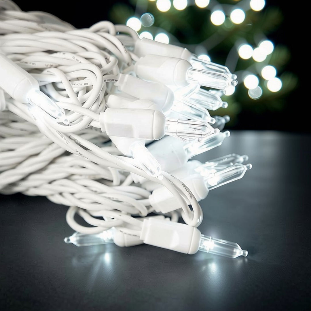 50-light  T5 Pure White LED Christmas Lights, 4" Spacing White Wire