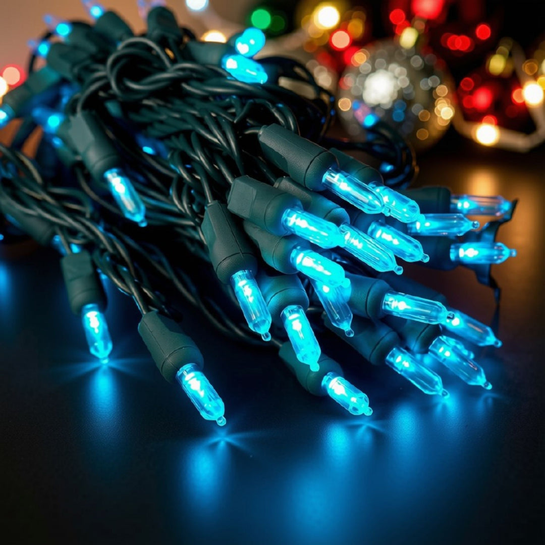 50-light  T5 Teal LED Christmas Lights, 4" Spacing Green Wire