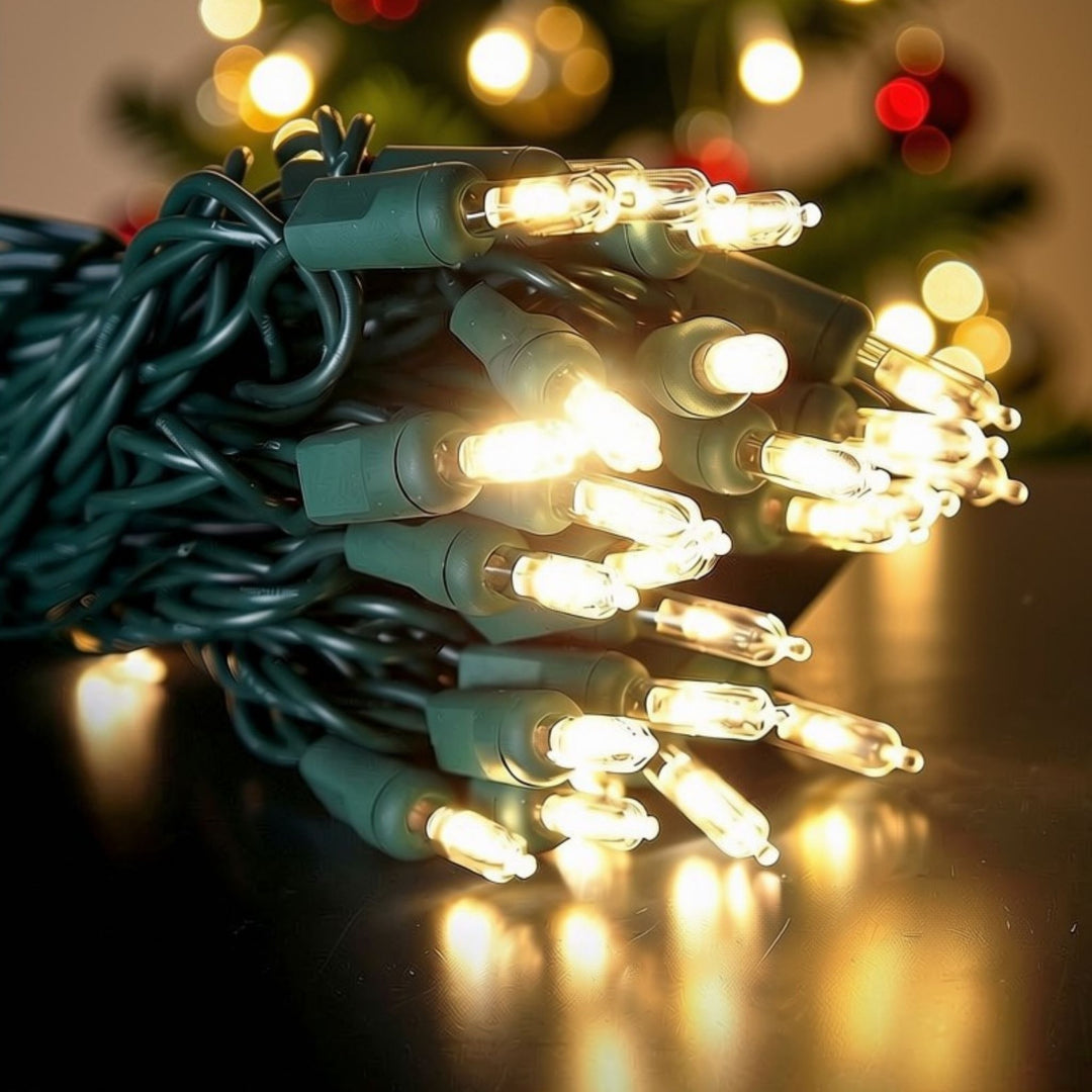 50-light  T5 Warm White LED Christmas Lights, 6" Spacing Green Wire