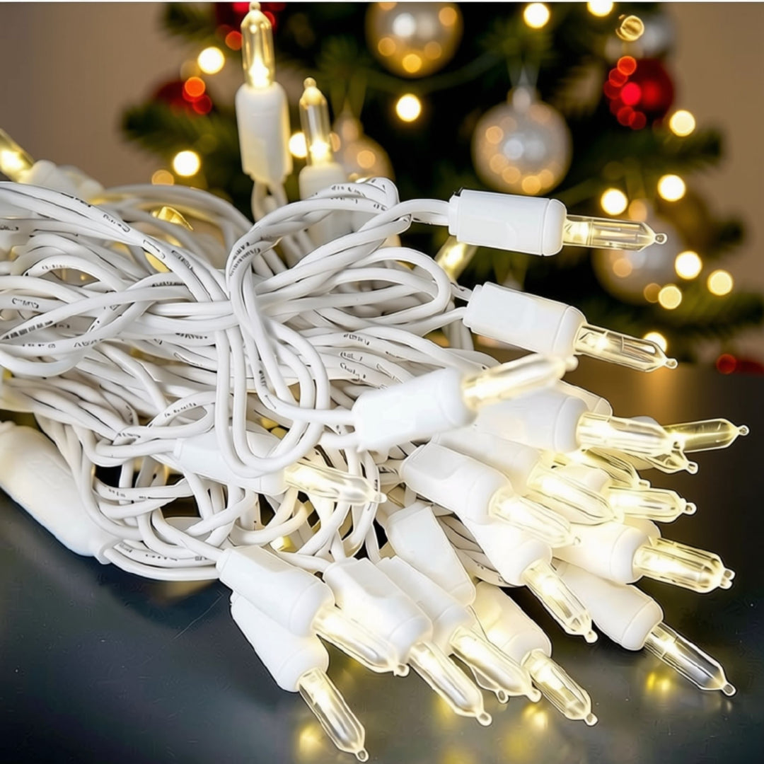 50-light  T5 Warm White LED Christmas Lights, 4" Spacing White Wire