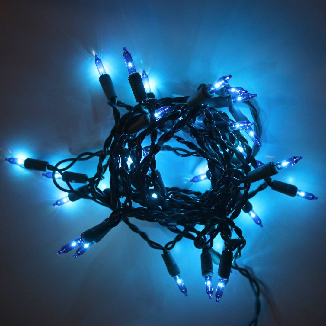 35-bulb Blue Mini Lights 5" Spacing, One Plug, Green Wire