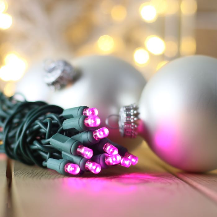 50-light 5mm Purple LED Christmas Lights, 4" Spacing Green Wire