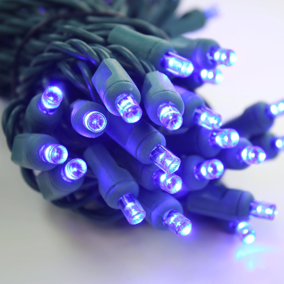 50-light 5mm Blue LED Christmas Lights, 4" Spacing, Green Wire