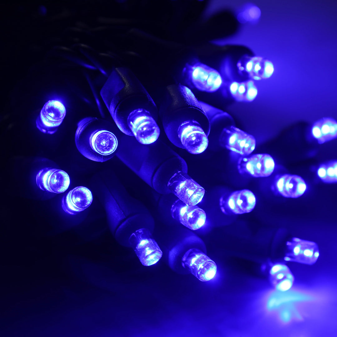 50-light 5mm Blue LED Christmas Lights, 4" Spacing, Green Wire