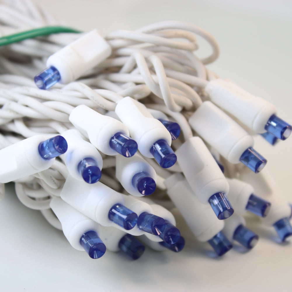50-light 5mm Blue LED Christmas Lights, 4" Spacing, White Wire