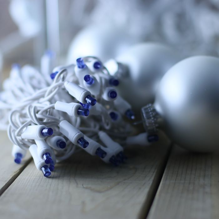 50-light 5mm Blue LED Christmas Lights, 4" Spacing, White Wire