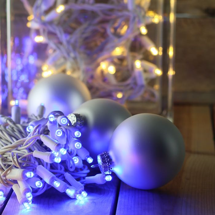 50-light 5mm Blue LED Christmas Lights, 4" Spacing, White Wire