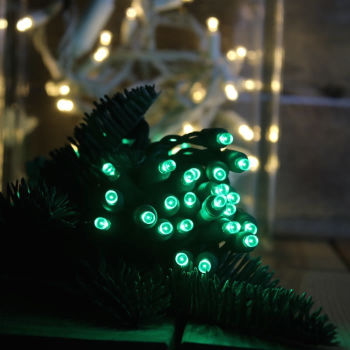 50-light 5mm Green LED Christmas Lights, 4" Spacing, Green Wire