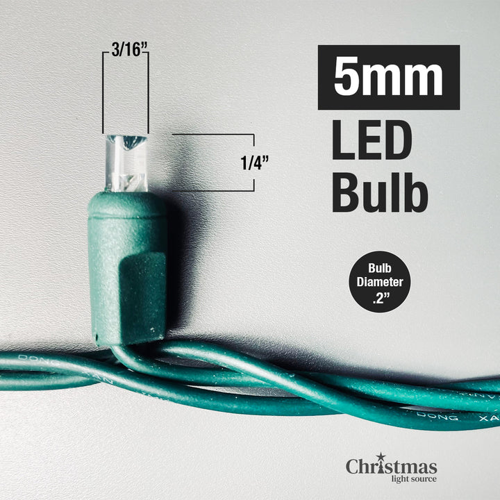 50-light 5mm Green LED Christmas Lights, 4" Spacing White Wire