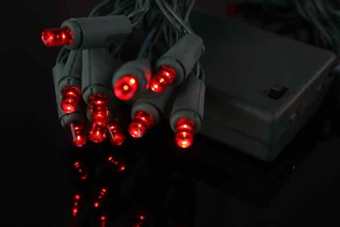 20-light 5mm Red LED Battery Lights, Green Wire