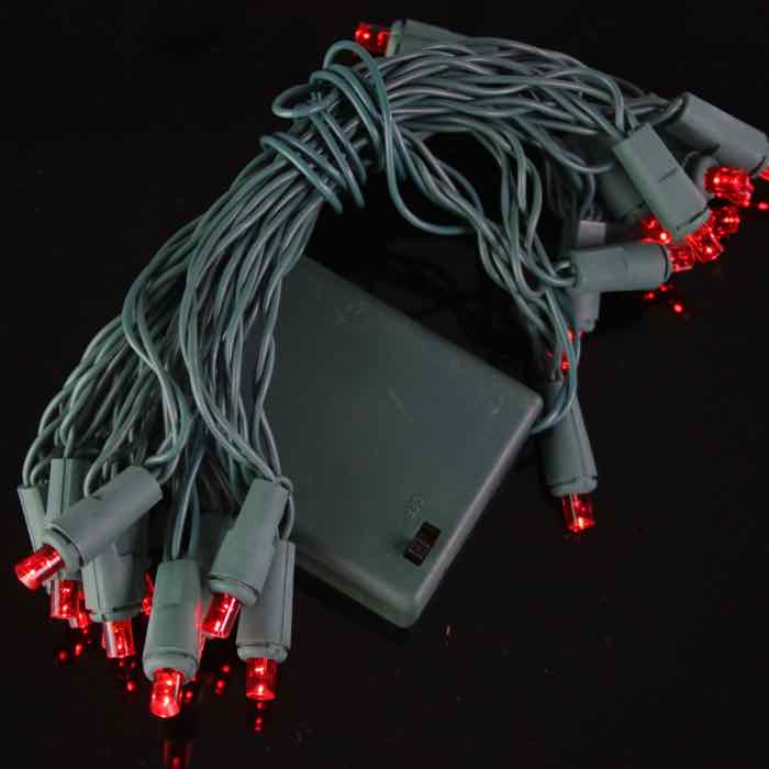 20-light 5mm Red LED Battery Lights, Green Wire