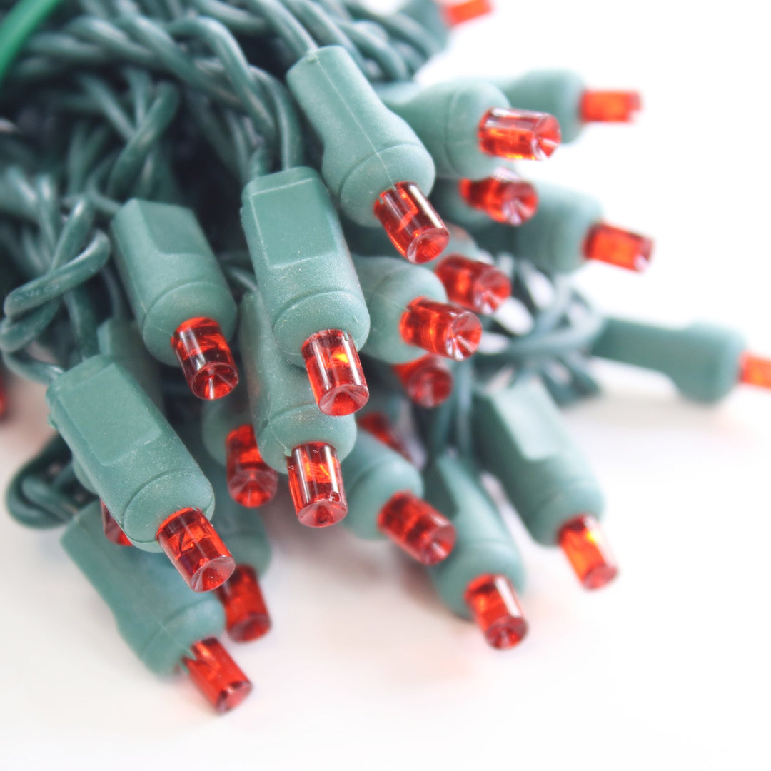 50-light 5mm Red LED Christmas Lights, 4" Spacing Green Wire