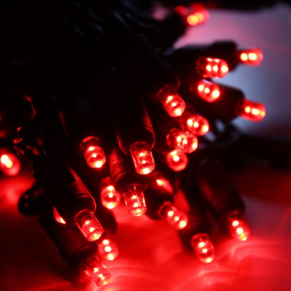 50-light 5mm Red LED Christmas Lights, 4" Spacing Green Wire