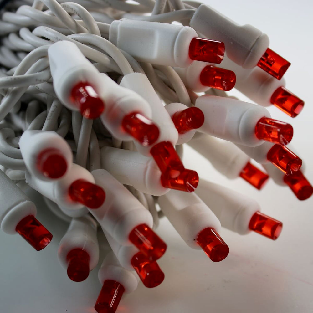 50-light 5mm Red LED Christmas Lights, 4" Spacing White Wire