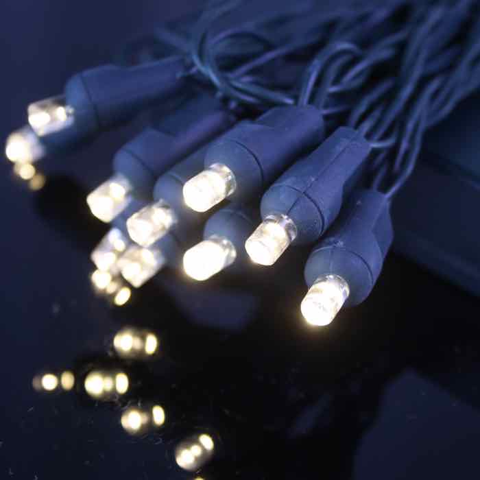 20-light 5mm Warm White LED Battery Lights, Green Wire