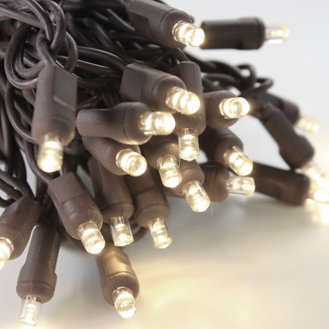 50-light 5mm Warm White LED Christmas Lights, 4" Spacing Brown Wire
