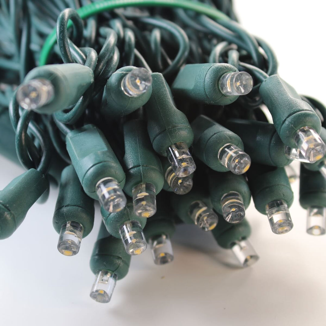 50-light 5mm Warm White LED Christmas Lights, Green Wire 6" Spacing