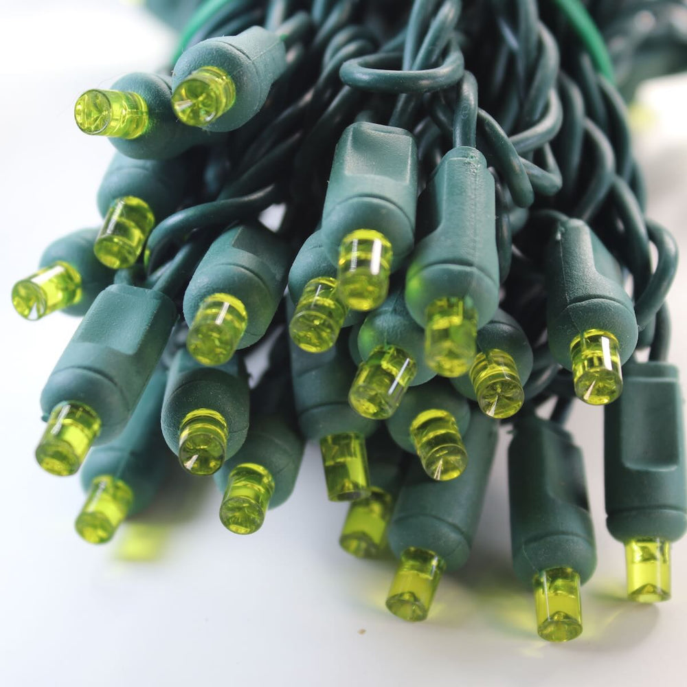 50-light 5mm Yellow LED Christmas Lights, 4" Spacing Green Wire